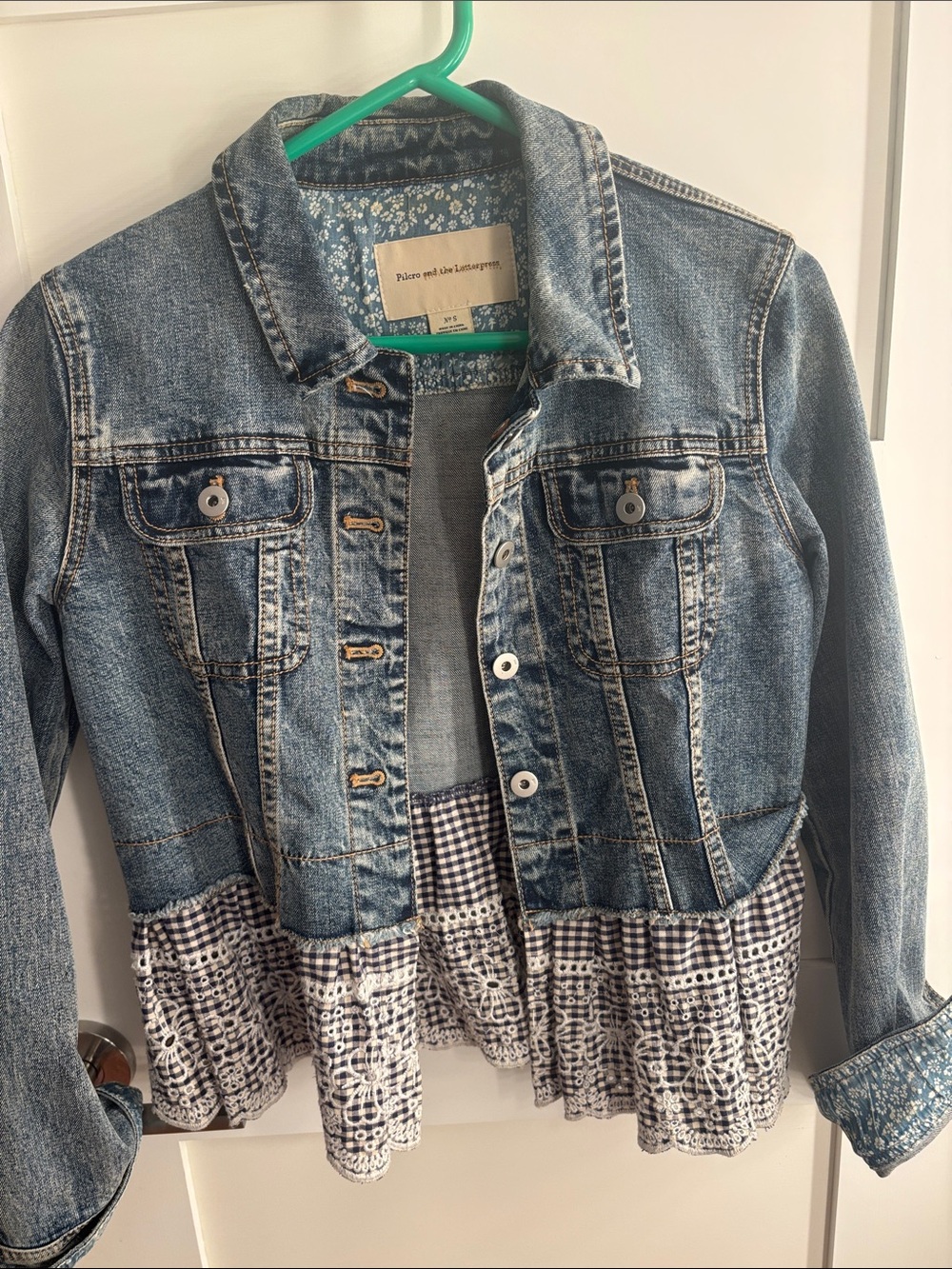 Pilcro Blue Denim Jacket with Lace Hem S